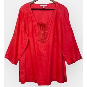 JM Collection Woman Red 100% Linen Beaded Split Neck Tunic Top 18W 3/4 Sleeve